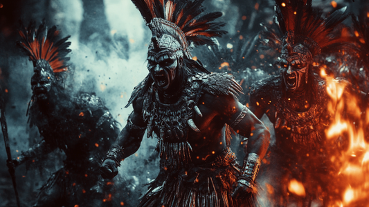 aztec warriors fighting at night