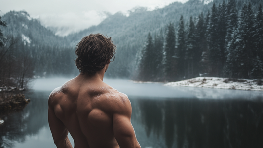 man cold plunging in the forest
